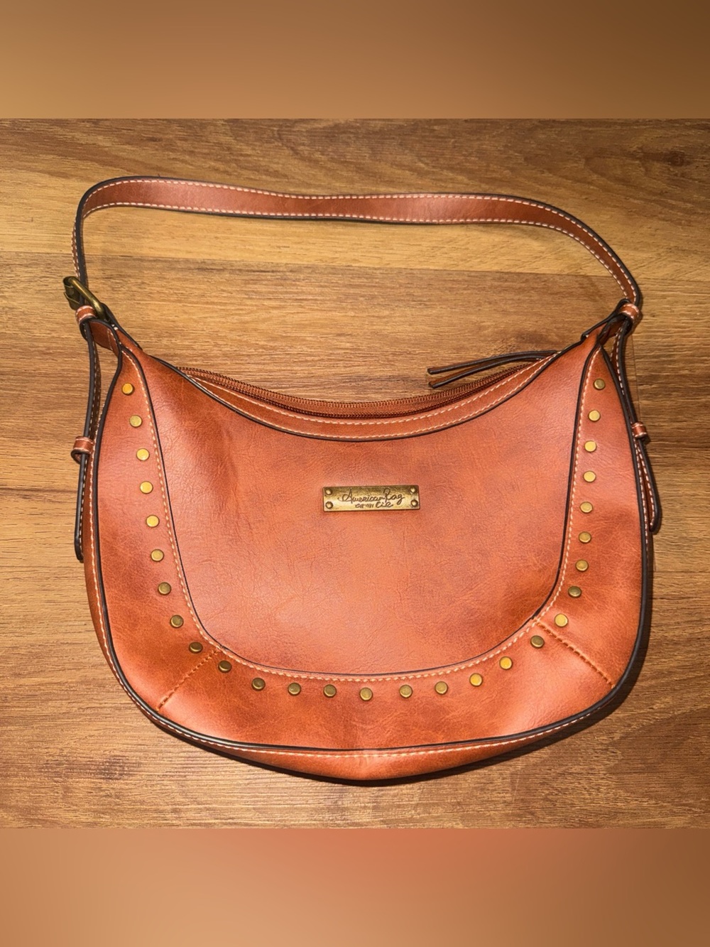 American Rag Studded Hobo Shoulder Bag Brown Faux Leather Adjustable Strap